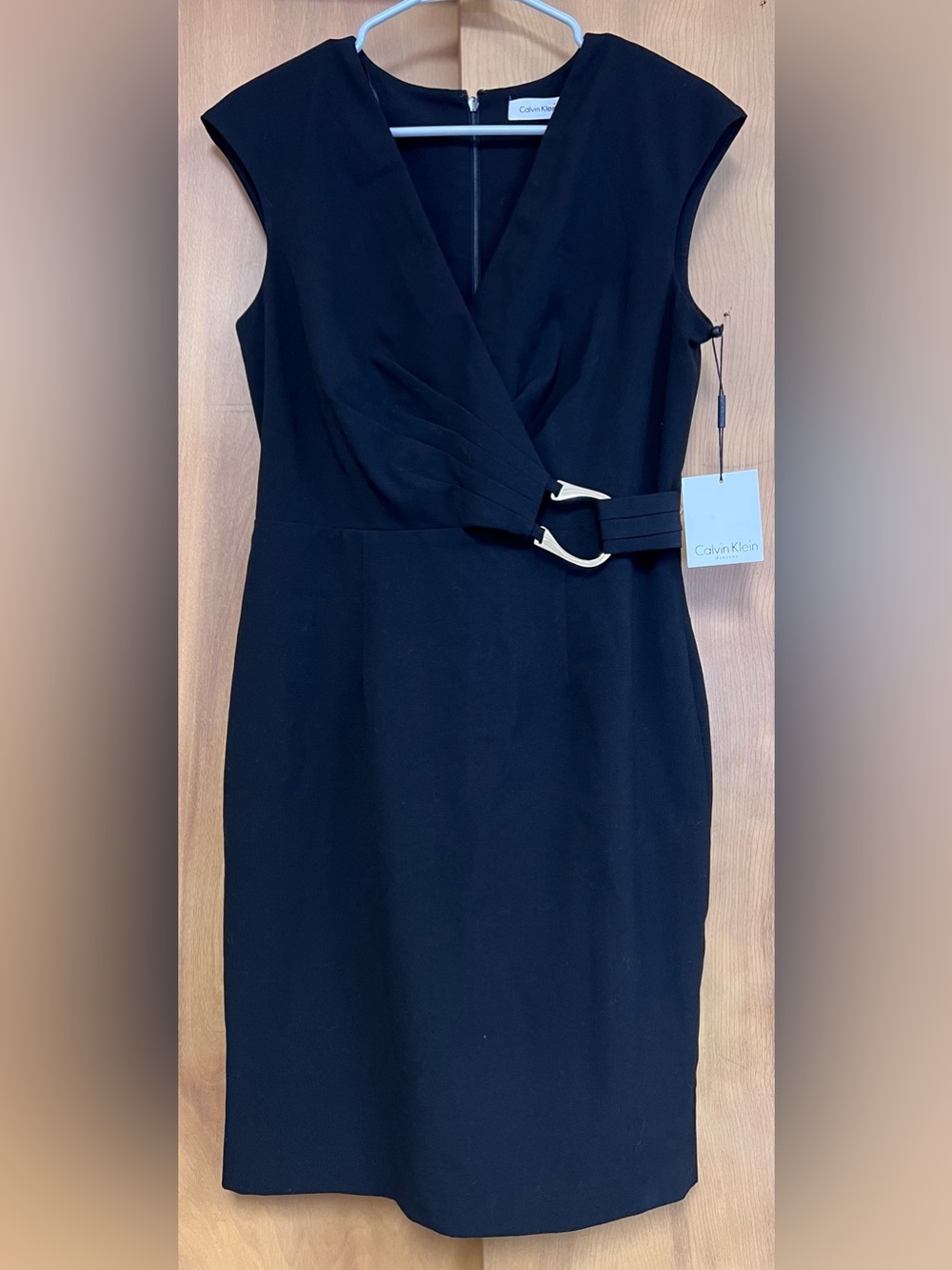 NWT Calvin Klein Black V-Neck Sheath Cocktail Dress with Gold Buckle Accent
